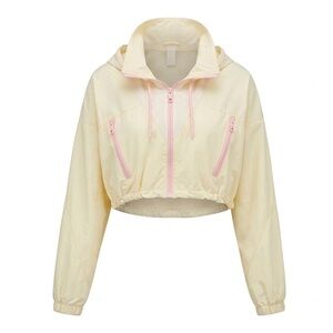 Zara Cropped Yellow Hooded Rain Jacket with Pink Accents size Large